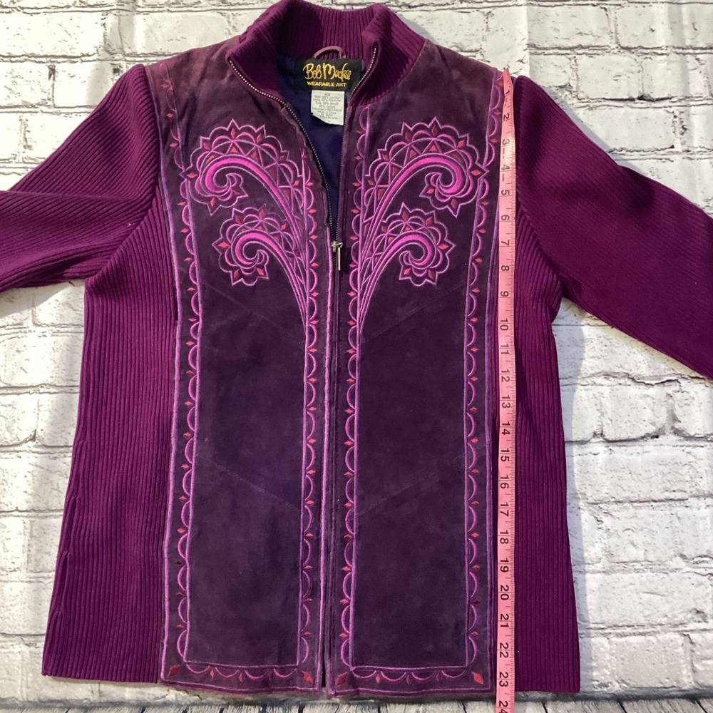 Bob Mackie Wearable Art Purple Suede Jacket Pink Floral Embroidery XS RibbedKnit - Picture 4 of 5